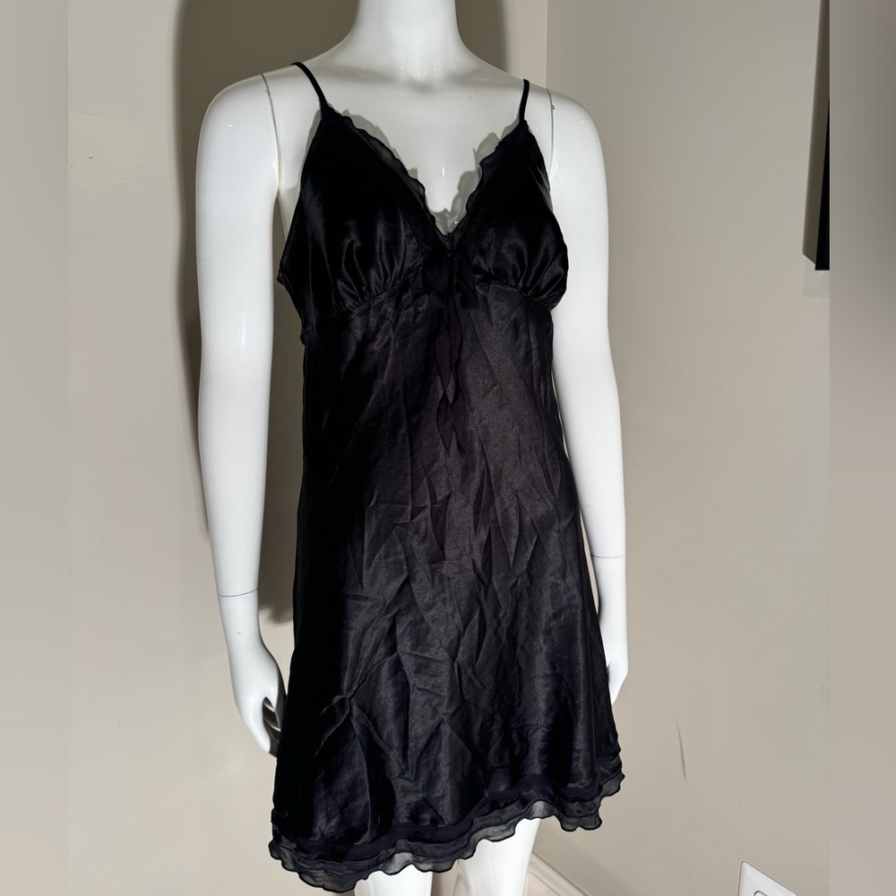 Victoria's Secret Black Satin Chemise with Lace Trim